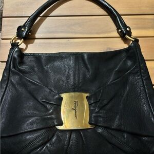 Salvatore Ferragamo Black Leather Shoulder Bag with Gold Accent